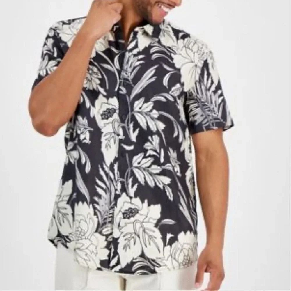 Denim & Flower Black and White Men's Rayon Casual Button Down Short Sleeve Shirt